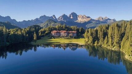 Fototapeta premium Aerial view of Lago Antorno, reflecting the majestic Dolomite peaks under a clear sky, surrounded by thick forests.