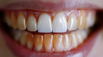 Time-lapse of teeth whitening transformation, capturing the slow change from heavily stained teeth to a flawless, bright white smile after the full treatment