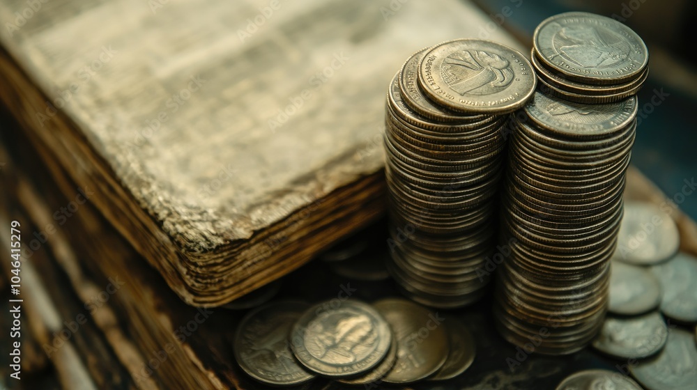 Poster neatly stacked coins next to a financial record book, symbolizing banking, savings, and economic sec