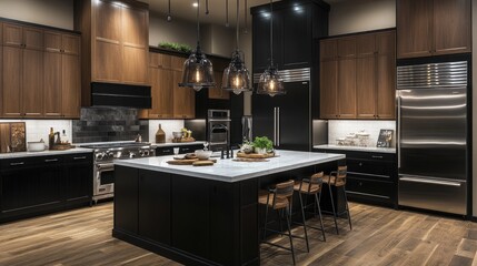 Fototapeta premium An upscale kitchen with dark wood cabinets
