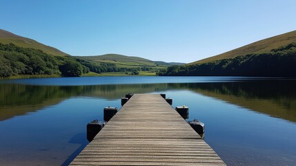 Pontoon pier stretching out over a calm lake on a sunny summer day, with hills and trees in the background.