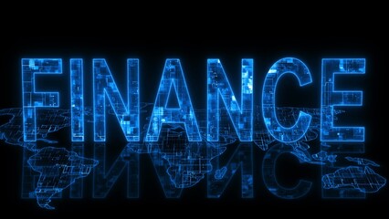 Glowing Digital Finance Text on World Map