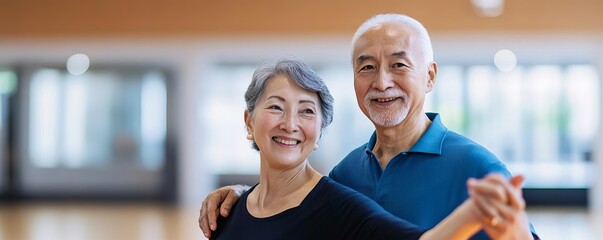 Elderly couple attending a ballroom dance class, gracefully spinning