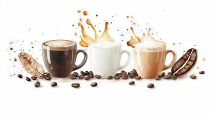 Obraz premium Three coffee cups in varying shades, with splashes and coffee beans, create a dynamic visual celebrating the diversity of coffee.