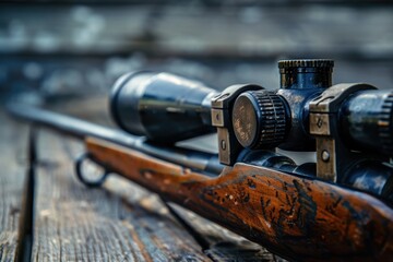 Close up of hunting rifle scope on wooden table