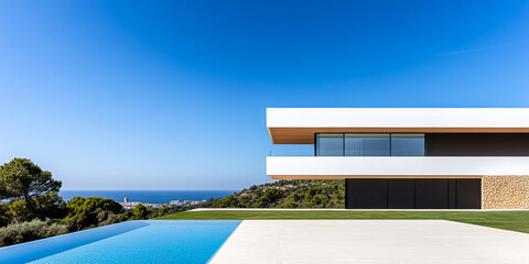 Fototapeta premium Modern villa overlooking the ocean with a sleek design and infinity pool in clear blue skies
