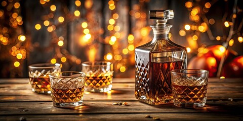 Elegant Crystal Decanter and Glasses Filled with Whiskey on Wooden Table with Warm Bokeh Background for Luxurious Home Decor, Bar Accessories, and Evening Gatherings