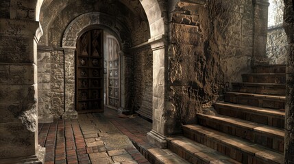 Deserted medieval castle corridor in northern italy with distinct doors to the countess s chamber