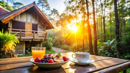 Enjoying a healthy breakfast at sunrise in front of a wooden house surrounded by trees
