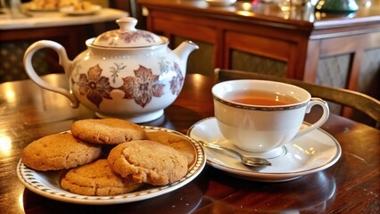 Fototapeta premium Enjoying homemade ginger cookies with a cup of elegant tea on a cozy afternoon