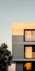 Modern apartment building reflecting sunset hues with balconies visible against clear sky