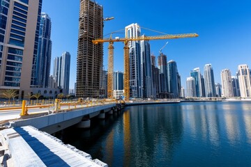 Fototapeta premium A sprawling urban skyline with a mix of old and new architecture, cranes building new high-rises, and the cityâ€™s historic buildings standing tall in the foreground, symbolizing the constant