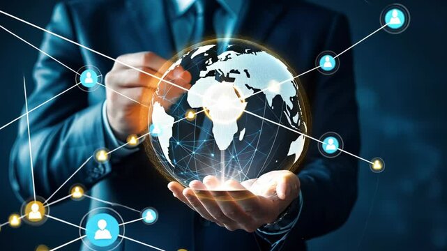 A businessman in a suit holds a glowing globe with network connections