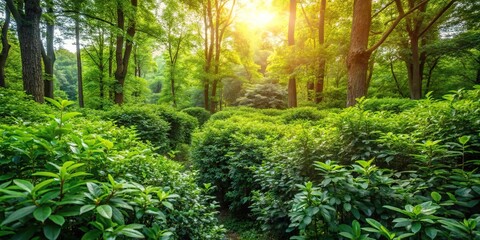 Fototapeta premium A dense thicket of bushes and shrubs in the forest with a few sun-dappled spots among the leaves, nature, forest undergrowth, environment, landscape
