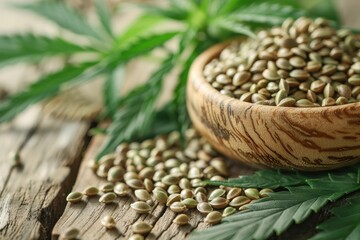 Obraz premium Closeup of hemp seeds and cannabis leaves