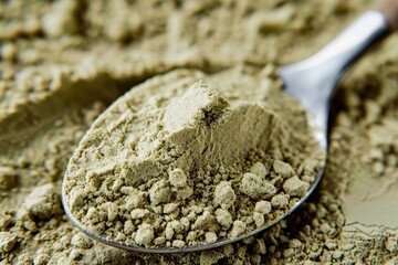 Closeup of hemp protein powder with metal spoon