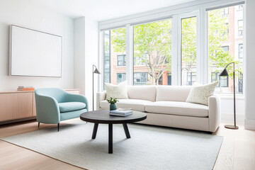 Bright and modern living room with large windows and stylish furniture in an urban setting