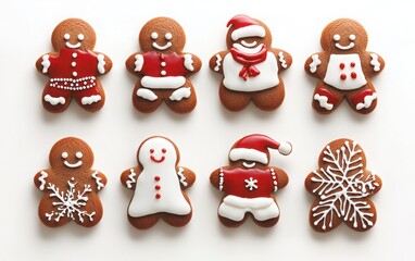 Obraz premium A delightful collection of Christmas-themed gingerbread cookies, featuring snow-covered man-shaped designs and decorated with sugar frosting