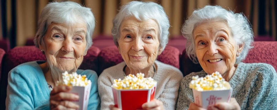 Elderly friends attending a movie night at a local theater, sharing popcorn