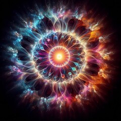 Obraz premium Abstract fractal background with a burst of light featuring spirals and patterns in a rainbows explosion, creating a fantasy illustration that evokes movement and space with a floral texture
