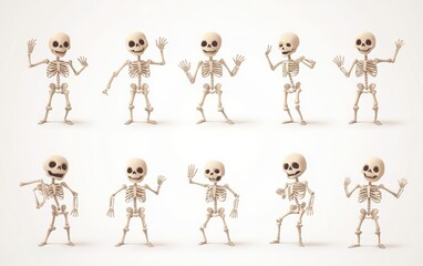 A whimsical collection of 3D Halloween skeleton characters, with charmingly creepy skulls and bones, illustrated in a playful flat vector style