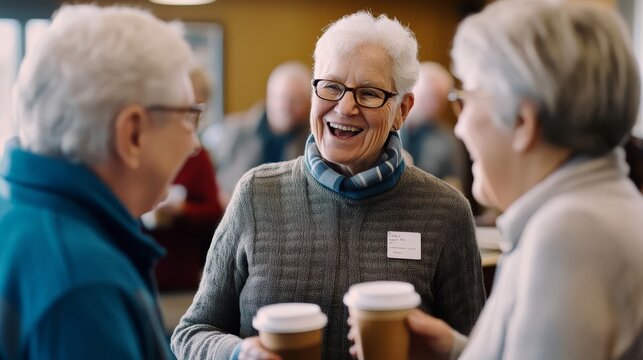 Group of seniors attending a coffee club meetup, chatting over lattes