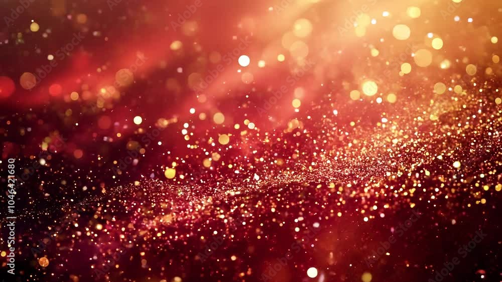 Poster abstract red background with gold particles and bokeh lights.