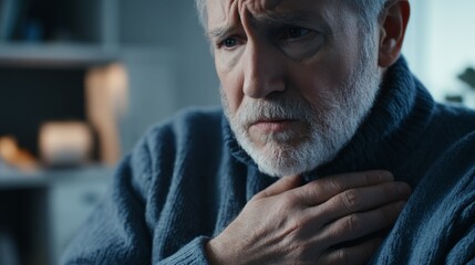An older man with a worried expression clutches his chest, suggesting discomfort or health concerns in a calm, indoor setting.
