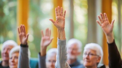Group of seniors attending a nature conservation seminar, raising hands to ask questions