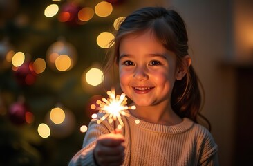 Naklejka premium little smiling girl close-up holding a sparkler against the background of a New Year tree garlands lights balls 