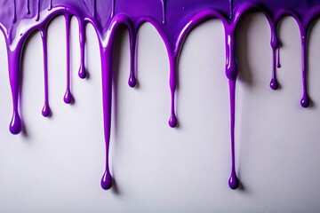 A close-up image of vibrant purple paint dripping down a smooth white surface, forming intriguing shapes and designs, patterns, abstract, vivid, motion, color