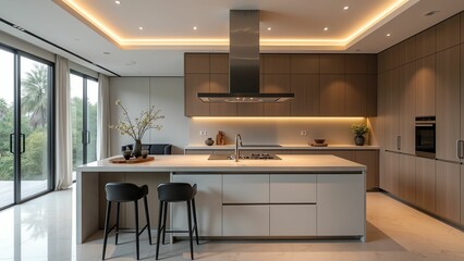 Modern Luxurious and Minimalist Kitchen Design with Expansive Views - obrazy, fototapety, plakaty