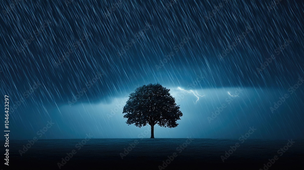 Poster lonely tree under a stormy sky with heavy rain and lightning, dark atmospheric mood.