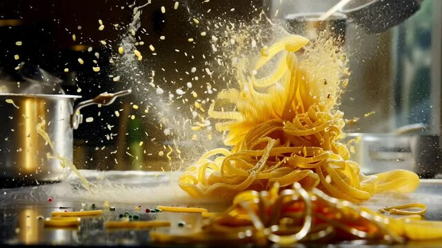 A dynamic shot of spaghetti being thrown into the air, creating a splash effect