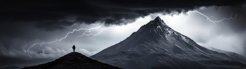 Fototapeta premium Majestic mountain under stormy sky, person standing in the foreground.