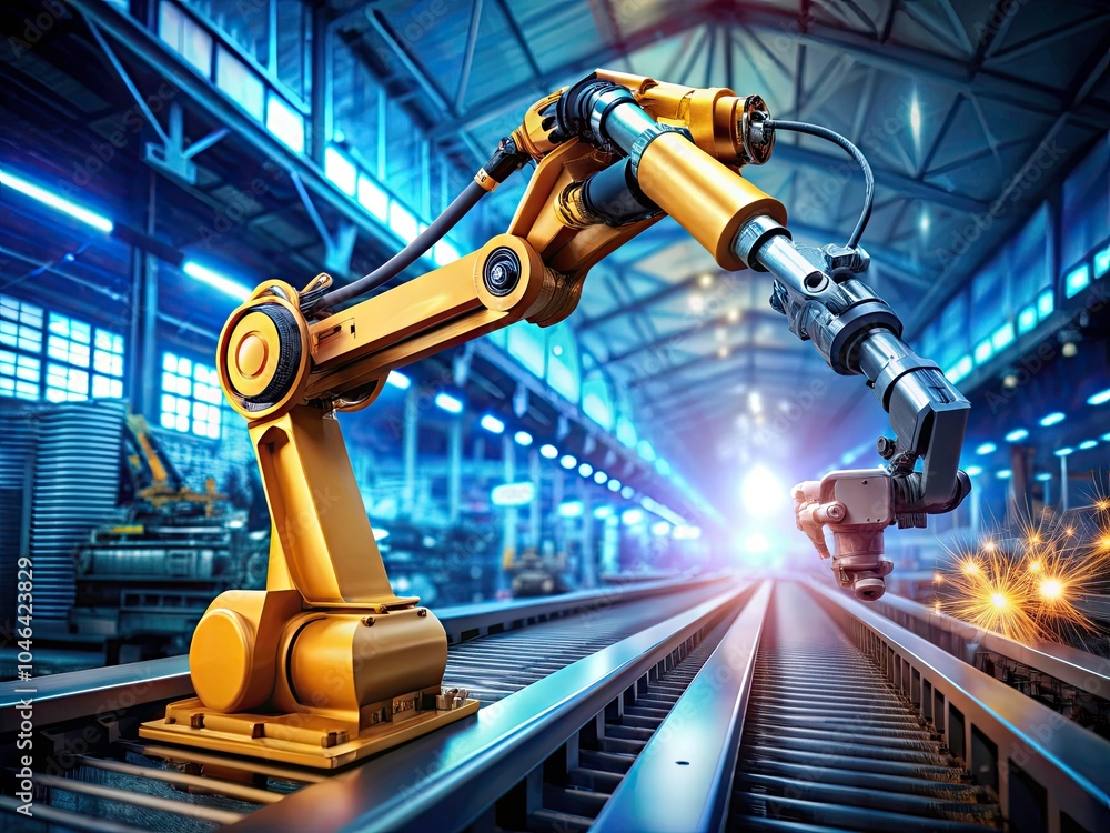 Poster futuristic robot arm on digital background - smart machine control process, mechanical hand with ai 