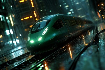 Fototapeta premium Futuristic depiction of a floating train on magnetic tracks in a high-tech city, symbolizing the future of public transportation with advanced technology