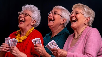 Seniors attending a bingo night, holding cards and laughing together