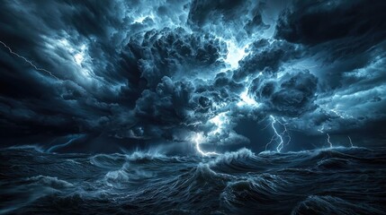 Dramatic stormy clouds over turbulent ocean waters, illuminated by flashes of lightning.