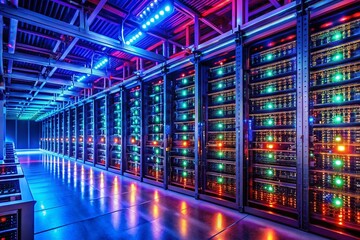 High-Tech Cryptocurrency Mining Server Room with Bright Lights