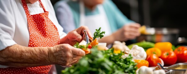 Seniors attending a cooking demonstration, tasting fresh ingredients