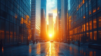 Sunset illuminating a city street between tall skyscrapers.