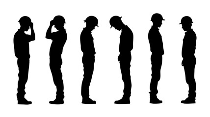 ヘルメットを被る反省する様子の作業員のシルエットイラストアイコン