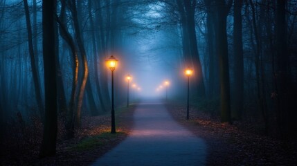 Naklejka premium A haunted forest path lit by glowing lanterns and shrouded in eerie fog on Halloween night.