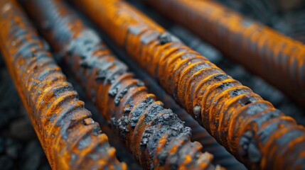 Close-Up of Rusty Steel Rods Highlighting Their Texture and Colorful Corrosion Patterns