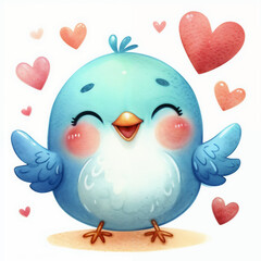Cute cartoon bird with hearts on white background. AI