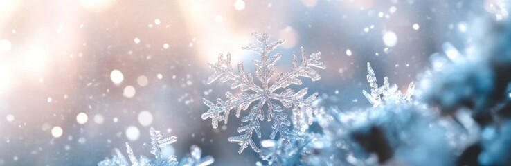 Snowflakes gently falling soft wintery background holiday theme peaceful scene. Banner.