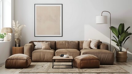 Luxury living room interior with brown sofa, pouf, beige carpet, lamp, plant and coffee table