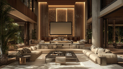 a luxury home theater room featuring a retractable
