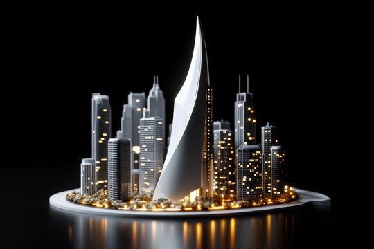 Minimalist depiction of a futuristic skyscraper with sharp angles and smooth curves, capturing the innovation and sleekness of modern architecture in a clean, streamlined design, symbolizing